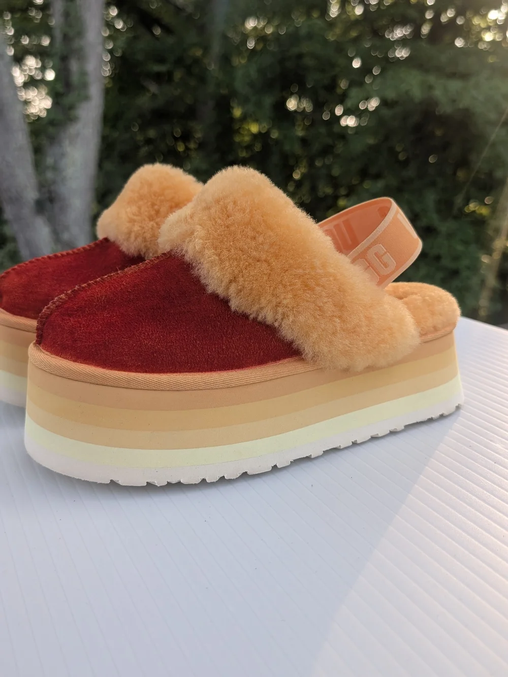UGG Two-Tone Platform Slide in Orange Faux Fur and Orange Red Upper 7